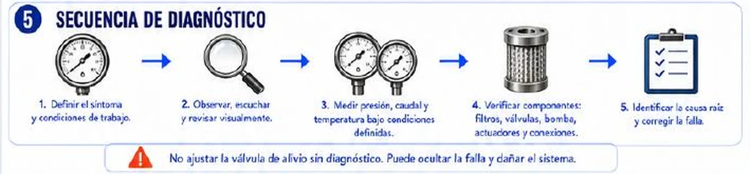 Ficha: secuencia de diagnóstico en cinco pasos: definir el síntoma y las condiciones de trabajo, observar y revisar visualmente, medir presión, caudal y temperatura, verificar componentes y identificar la causa raíz; advertencia de no ajustar la válvula de alivio sin diagnóstico