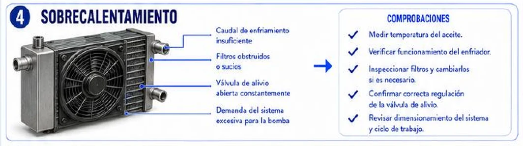 Ficha: sobrecalentamiento; causas: caudal de enfriamiento insuficiente, filtros obstruidos o sucios, válvula de alivio abierta constantemente y demanda del sistema excesiva para la bomba; comprobaciones