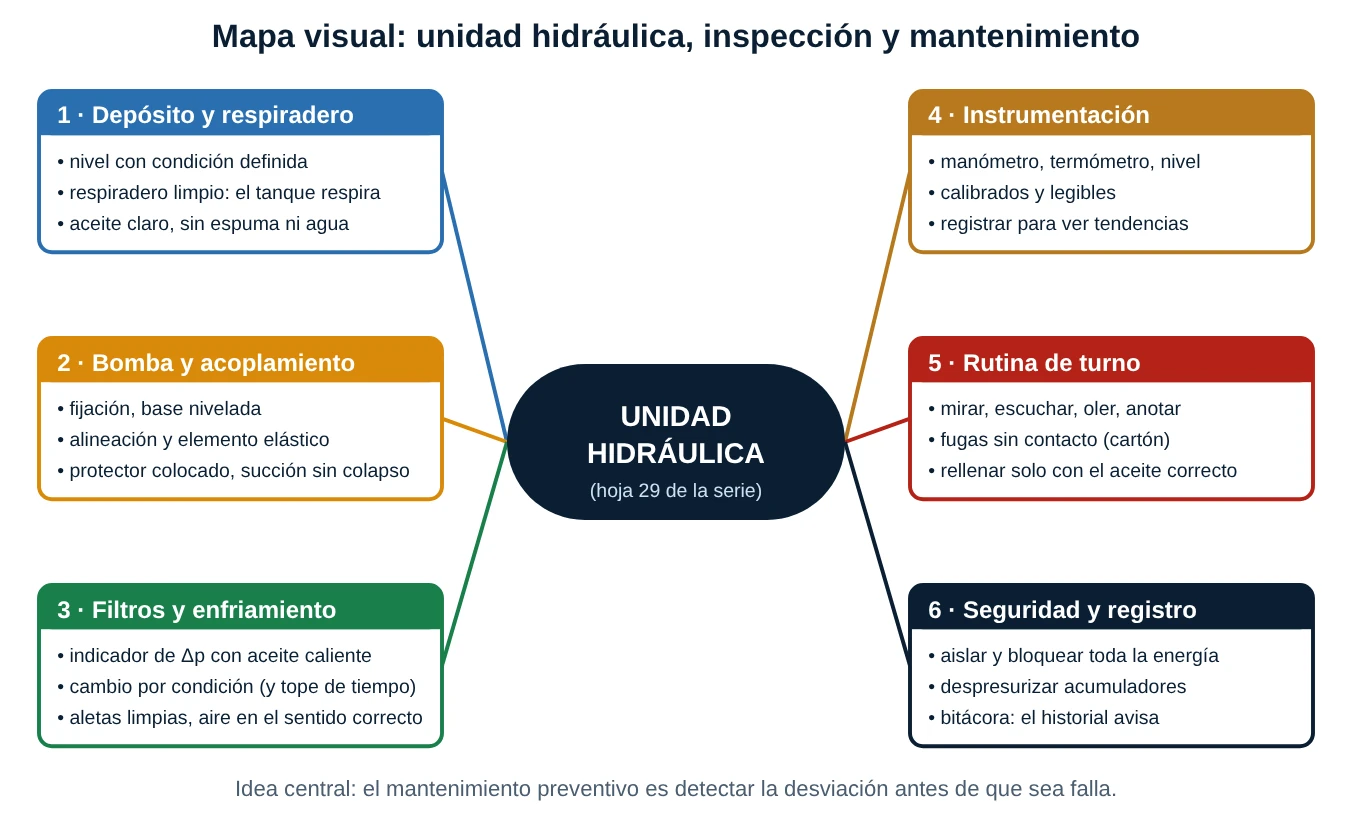 Mapa conceptual de la unidad hidráulica con seis ramas: depósito y respiradero, bomba y acoplamiento, filtros y enfriamiento, instrumentación, rutina de turno, seguridad y registro