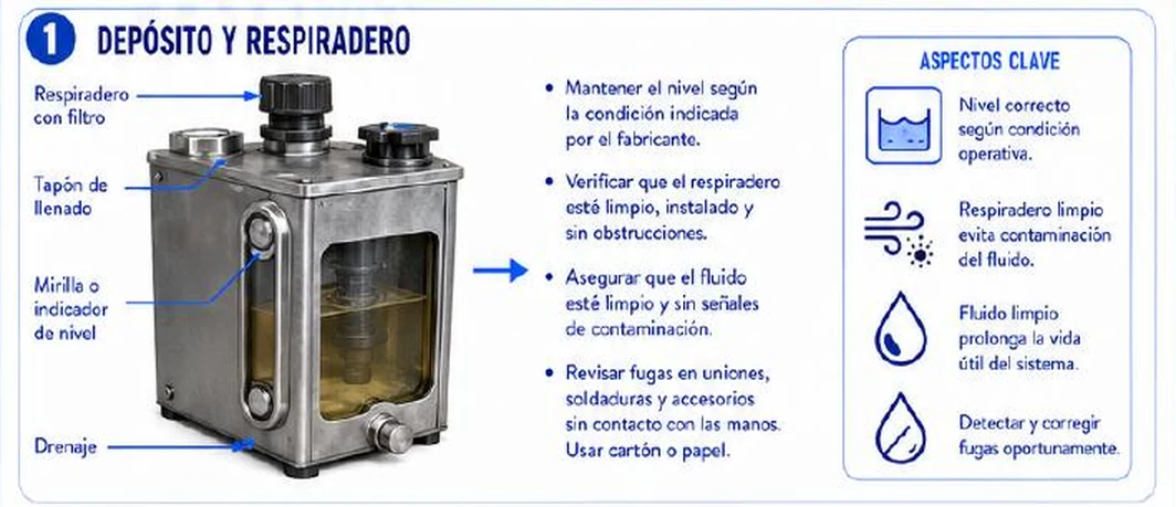 Ficha: depósito y respiradero; respiradero con filtro, tapón de llenado, mirilla o indicador de nivel y drenaje; mantener el nivel, verificar el respiradero, asegurar fluido limpio y revisar fugas sin contacto con las manos; aspectos clave: nivel correcto, respiradero limpio, fluido limpio y detectar fugas