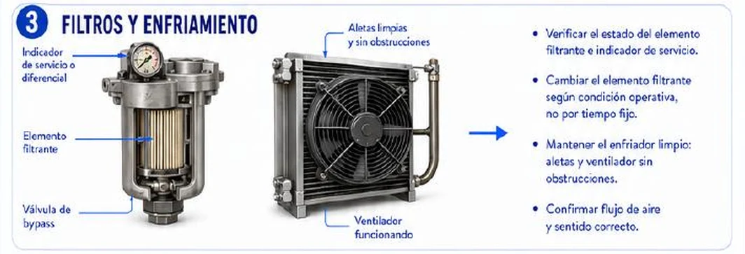 Ficha: filtros y enfriamiento; indicador de servicio o diferencial, elemento filtrante y válvula de bypass del filtro; aletas limpias y sin obstrucciones y ventilador funcionando del enfriador; verificar el elemento, cambiarlo según condición operativa y no por tiempo fijo, mantener el enfriador limpio y confirmar el flujo de aire y su sentido