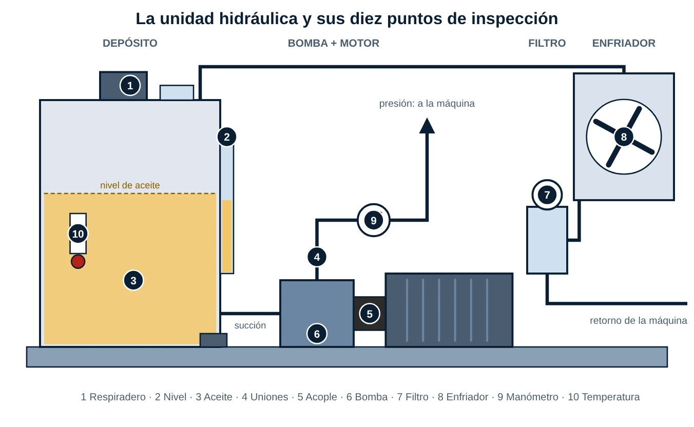 Esquema de una unidad hidráulica con depósito, bomba, motor, acoplamiento, filtro de retorno, enfriador y manómetro, con diez puntos de inspección numerados