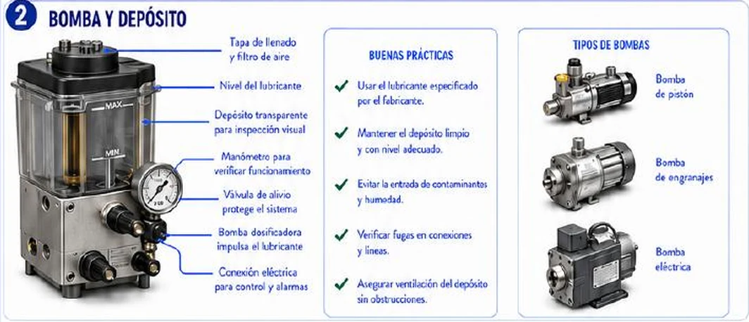 Ficha: bomba y depósito; componentes: tapa de llenado y filtro de aire, nivel del lubricante, depósito transparente para inspección visual, manómetro para verificar funcionamiento, válvula de alivio protege el sistema, bomba dosificadora impulsa el lubricante y conexión eléctrica para control y alarmas; buenas prácticas: usar el lubricante especificado, mantener el depósito limpio y con nivel adecuado, evitar contaminantes y humedad, verificar fugas, asegurar ventilación; tipos de bombas: pistón, engranajes y eléctrica