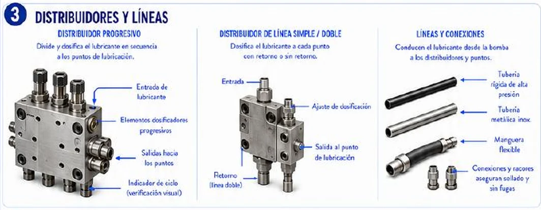 Ficha: distribuidores y líneas; distribuidor progresivo con entrada de lubricante, elementos dosificadores progresivos, salidas hacia los puntos e indicador de ciclo; distribuidor de línea simple o doble con entrada, ajuste de dosificación, salida al punto de lubricación y retorno en línea doble; líneas y conexiones: tubería rígida de alta presión, tubería metálica inoxidable, manguera flexible y racores que aseguran sellado y sin fugas