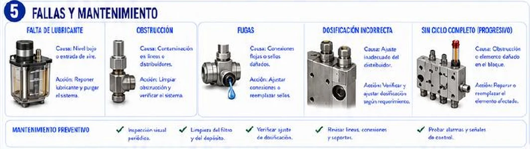 Ficha: fallas y mantenimiento; falta de lubricante por nivel bajo o entrada de aire, obstrucción por contaminación en líneas y distribuidores, fugas por conexiones flojas o sellos dañados, dosificación incorrecta por ajuste inadecuado del distribuidor y sin ciclo completo en el progresivo por obstrucción o elemento dañado; mantenimiento preventivo: inspección visual periódica, limpieza del filtro y del depósito, verificar ajuste de dosificación, revisar líneas, conexiones y soportes, probar alarmas y señales de control