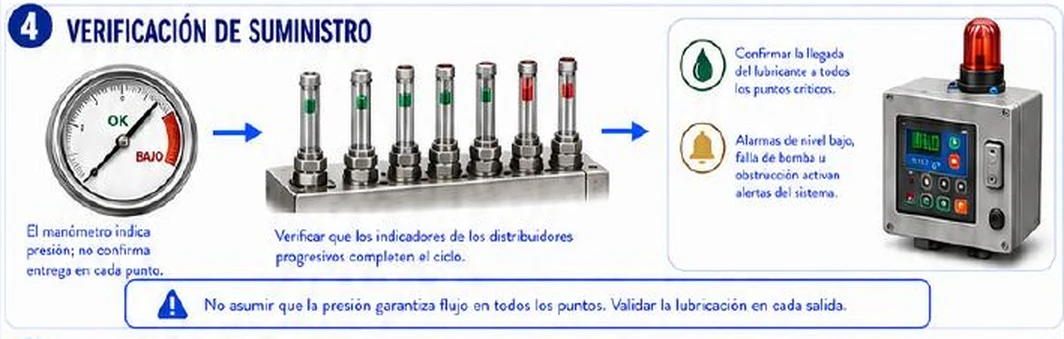 Ficha: verificación de suministro; un manómetro con las zonas OK y BAJO, un distribuidor con seis indicadores de ciclo, un panel de control con una baliza roja, y el aviso: no asumir que la presión garantiza flujo en todos los puntos; validar la lubricación en cada salida