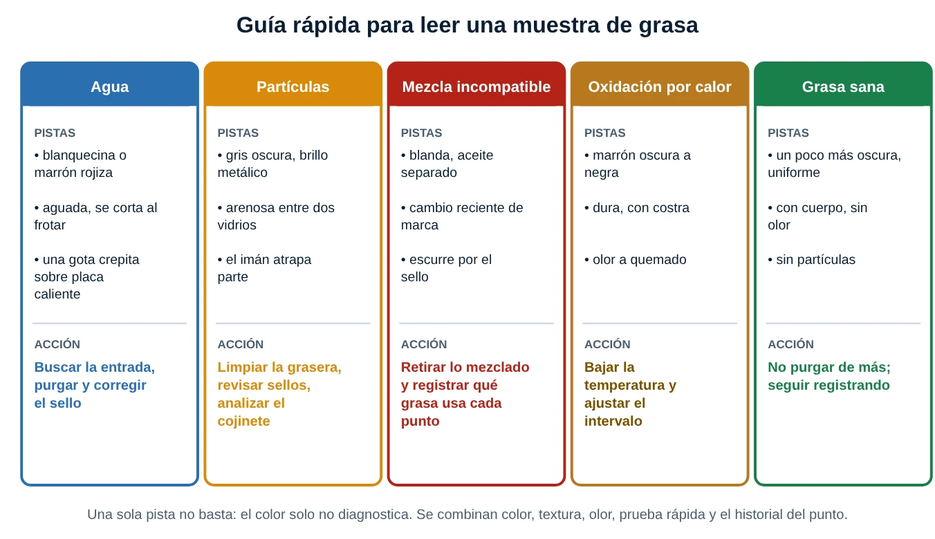 Guía rápida de lectura de una muestra de grasa con cinco tarjetas: agua, partículas, mezcla incompatible, oxidación por calor y grasa sana, cada una con pistas y acción