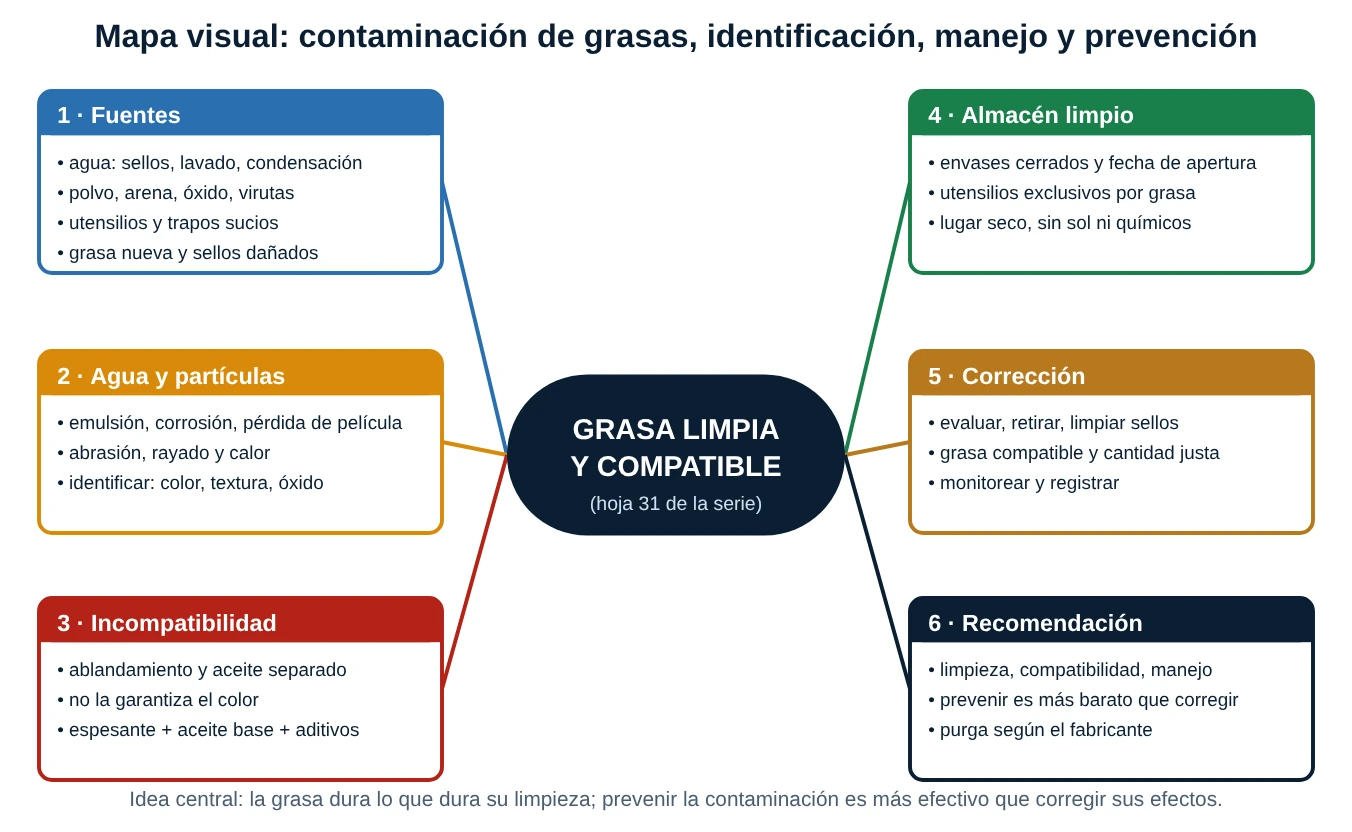 Mapa conceptual de la contaminación de grasas con seis ramas: fuentes, agua y partículas, incompatibilidad, almacén limpio, corrección y recomendación técnica