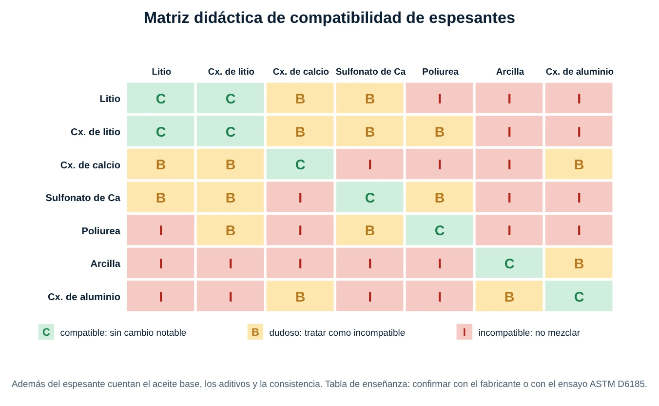 Matriz didáctica de compatibilidad entre siete espesantes: litio, complejo de litio, complejo de calcio, sulfonato de calcio, poliurea, arcilla y complejo de aluminio, con celdas compatibles, dudosas e incompatibles