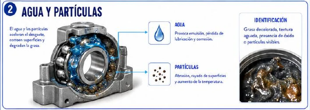 Ficha: agua y partículas; el agua y las partículas aceleran el desgaste, corroen superficies y degradan la grasa; agua provoca emulsión, pérdida de lubricación y corrosión; partículas provocan abrasión, rayado de superficies y aumento de la temperatura; identificación: grasa decolorada, textura aguada, presencia de óxido o partículas visibles