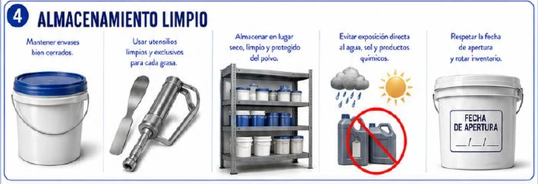 Ficha: almacenamiento limpio; mantener envases bien cerrados; usar utensilios limpios y exclusivos para cada grasa; almacenar en lugar seco, limpio y protegido del polvo; evitar exposición directa al agua, sol y productos químicos; respetar la fecha de apertura y rotar inventario