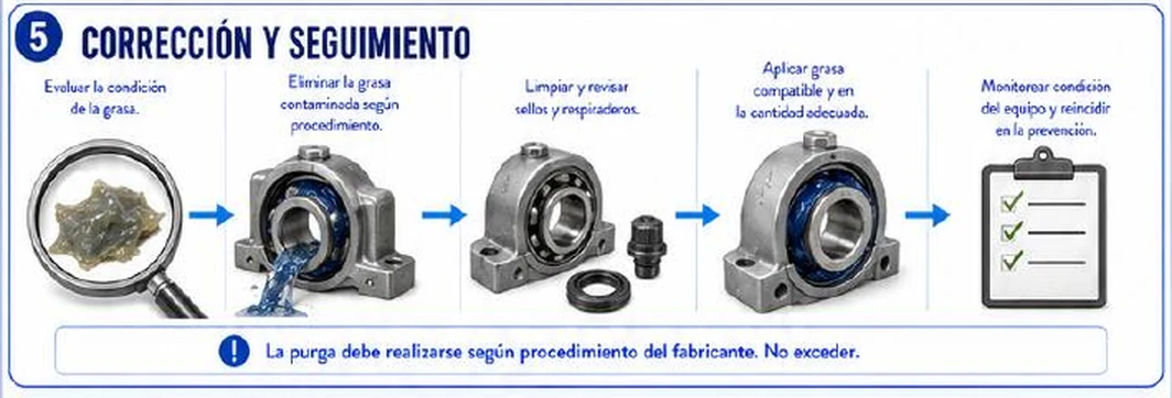 Ficha: corrección y seguimiento; evaluar la condición de la grasa, eliminar la grasa contaminada según procedimiento, limpiar y revisar sellos y respiraderos, aplicar grasa compatible y en la cantidad adecuada, monitorear la condición del equipo y reiniciar en la prevención; la purga debe realizarse según procedimiento del fabricante, no exceder