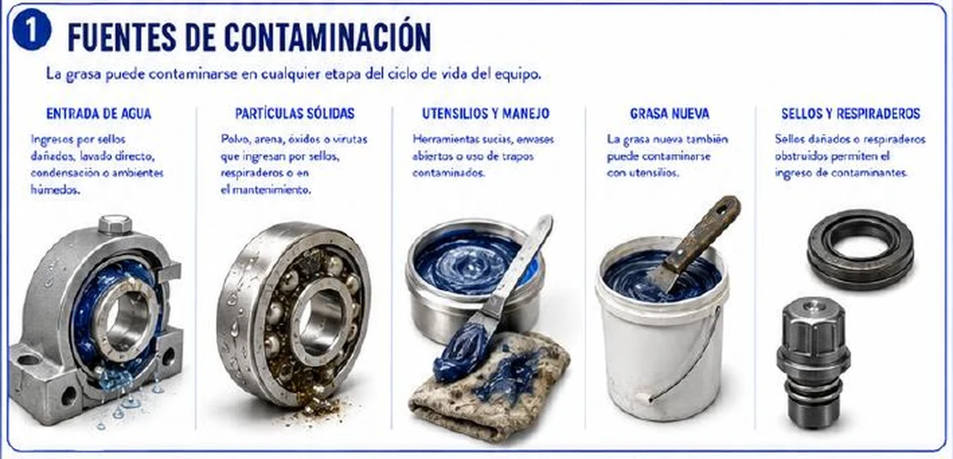 Ficha: fuentes de contaminación; entrada de agua por sellos dañados, lavado directo, condensación o ambientes húmedos; partículas sólidas como polvo, arena, óxidos o virutas; utensilios y manejo con herramientas sucias, envases abiertos o trapos contaminados; grasa nueva que también puede contaminarse con utensilios; sellos y respiraderos dañados u obstruidos
