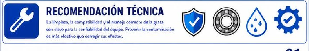 Ficha: recomendación técnica; la limpieza, la compatibilidad y el manejo correcto de la grasa son clave para la confiabilidad del equipo; prevenir la contaminación es más efectivo que corregir sus efectos