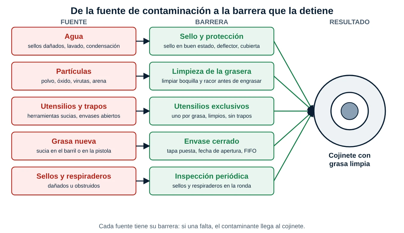 Diagrama de las cinco fuentes de contaminación de la grasa y la barrera que detiene a cada una: sello y protección, limpieza de la grasera, utensilios exclusivos, envase cerrado e inspección periódica, todas hacia el cojinete