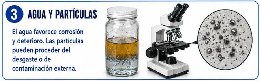 Ficha: agua y partículas; el agua favorece corrosión y deterioro; las partículas pueden proceder del desgaste o de contaminación externa; frasco con agua en el fondo, microscopio y detalle de partículas metálicas
