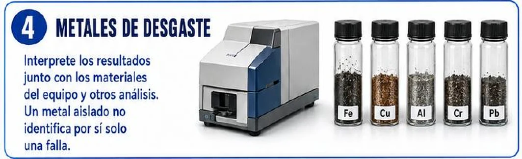 Ficha: metales de desgaste; interpretar los resultados junto con los materiales del equipo y otros análisis; un metal aislado no identifica por sí solo una falla; espectrómetro y cinco frascos rotulados Fe, Cu, Al, Cr y Pb