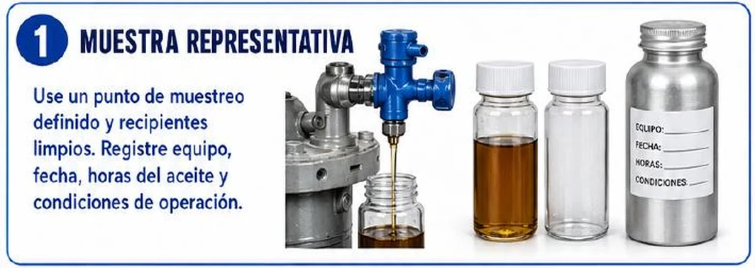 Ficha: muestra representativa; usar un punto de muestreo definido y recipientes limpios; registrar equipo, fecha, horas del aceite y condiciones de operación; válvula de muestreo azul, botellas de vidrio y botella de aluminio con etiqueta