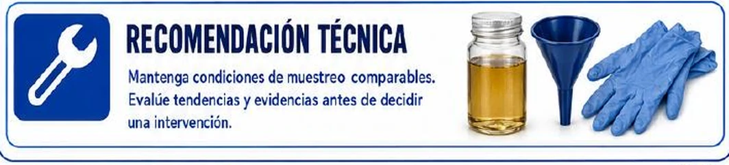 Ficha: recomendación técnica; mantener condiciones de muestreo comparables; evaluar tendencias y evidencias antes de decidir una intervención; frasco de aceite, embudo azul y guantes