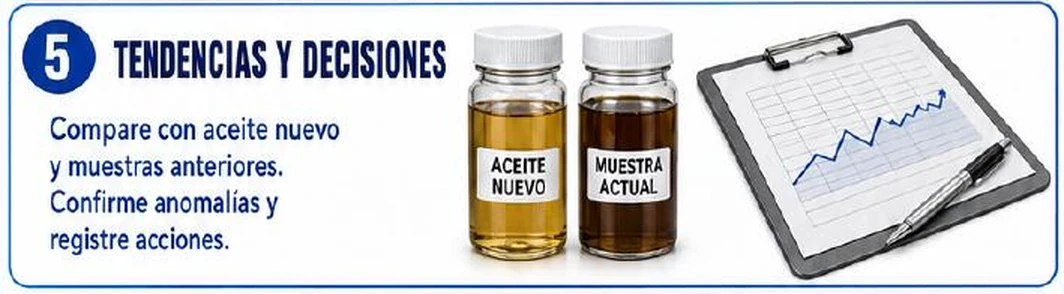Ficha: tendencias y decisiones; comparar con aceite nuevo y muestras anteriores; confirmar anomalías y registrar acciones; frascos de aceite nuevo y muestra actual y un portapapeles con una gráfica