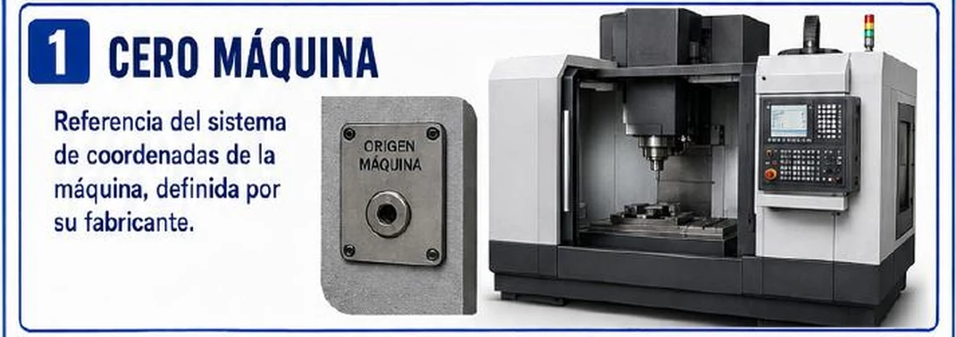 Ficha: cero máquina; referencia del sistema de coordenadas de la máquina, definida por su fabricante; placa de origen máquina y centro de mecanizado vertical