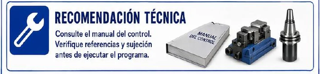 Ficha: recomendación técnica; consulte el manual del control; verifique referencias y sujeción antes de ejecutar el programa; manual del control, mordaza y portaherramientas
