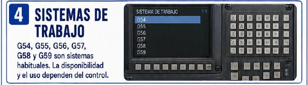 Ficha: sistemas de trabajo; G54, G55, G56, G57, G58 y G59 son sistemas habituales; la disponibilidad y el uso dependen del control; pantalla con la lista de sistemas de trabajo
