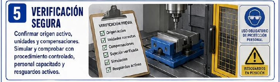 Ficha: verificación segura; confirmar origen activo, unidades y compensaciones; simular y comprobar con procedimiento controlado, personal capacitado y resguardos activos; lista de verificación previa, mordaza azul y señales de protección personal y resguardos en posición