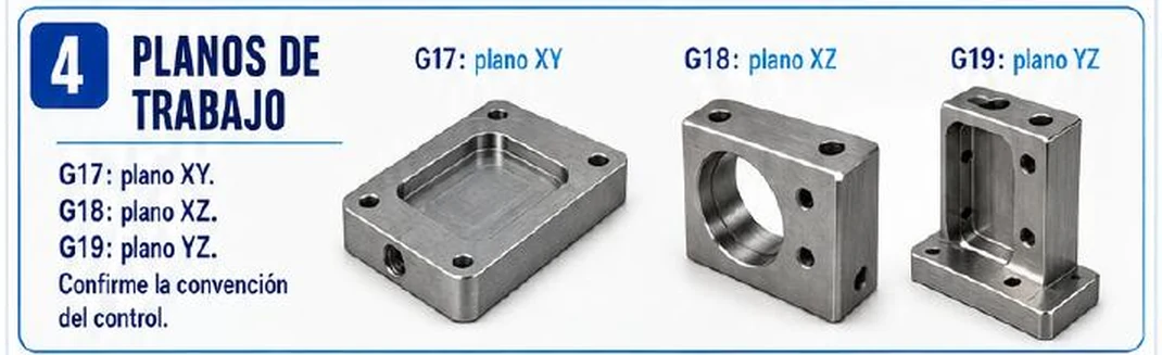 Ficha: planos de trabajo; G17 plano XY, G18 plano XZ, G19 plano YZ; confirme la convención del control; tres piezas con cajera, alojamiento y pared