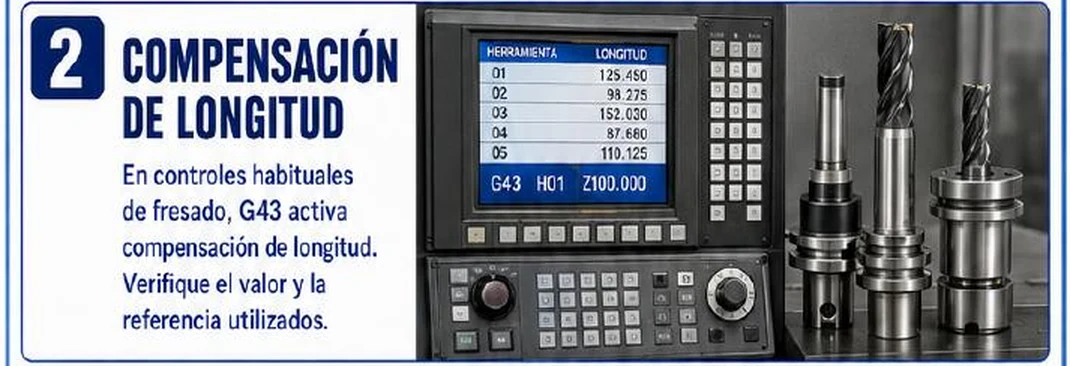 Ficha: compensación de longitud; en controles habituales de fresado G43 activa compensación de longitud; pantalla con tabla de herramientas del 01 al 05 y el bloque G43 H01 Z100.000; fresas en portaherramientas