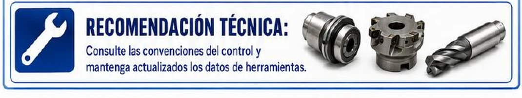 Recomendación técnica: consulte las convenciones del control y mantenga actualizados los datos de herramientas; portaherramientas, fresa de plaquitas y fresa de punta
