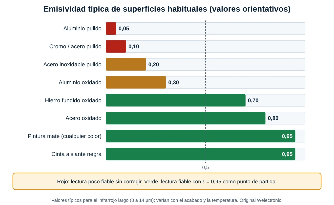 Gráfico de barras con la emisividad orientativa de aluminio pulido, cromo, acero inoxidable pulido, aluminio oxidado, hierro fundido oxidado, acero oxidado, pintura mate y cinta aislante negra