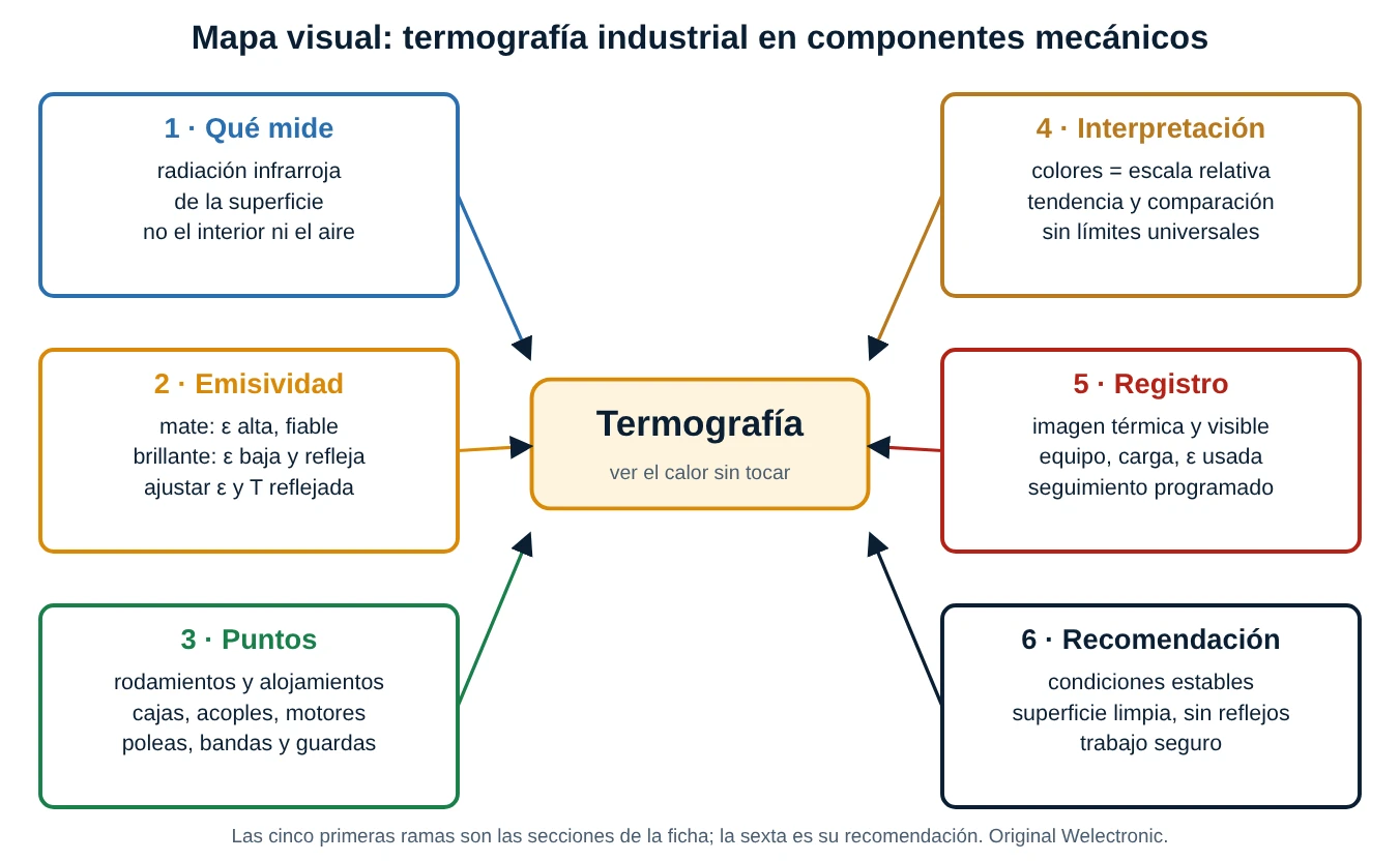 Mapa conceptual de la termografía industrial con seis ramas: qué mide, emisividad, puntos de inspección, interpretación, registro y recomendación