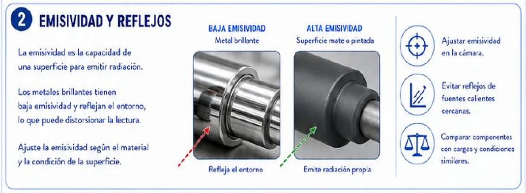 Ficha: emisividad y reflejos; baja emisividad en metal brillante que refleja el entorno; alta emisividad en superficie mate o pintada que emite radiación propia; ajustar emisividad, evitar reflejos y comparar componentes con cargas similares