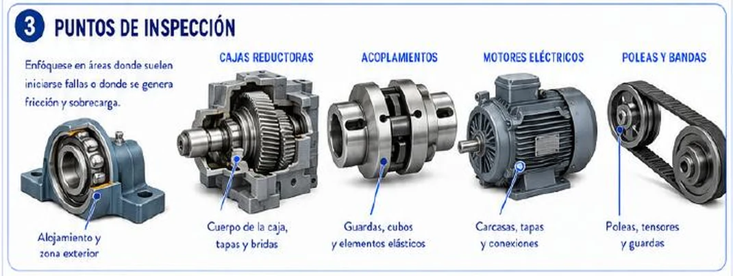 Ficha: puntos de inspección; alojamiento de rodamiento y zona exterior; cajas reductoras: cuerpo de la caja, tapas y bridas; acoplamientos: guardas, cubos y elementos elásticos; motores eléctricos: carcasas, tapas y conexiones; poleas y bandas: poleas, tensores y guardas