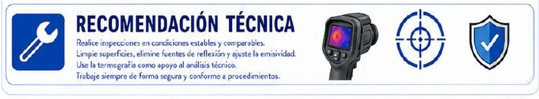 Recomendación técnica: realice inspecciones en condiciones estables y comparables, limpie superficies, elimine fuentes de reflexión, use la termografía como apoyo al análisis técnico y trabaje con seguridad