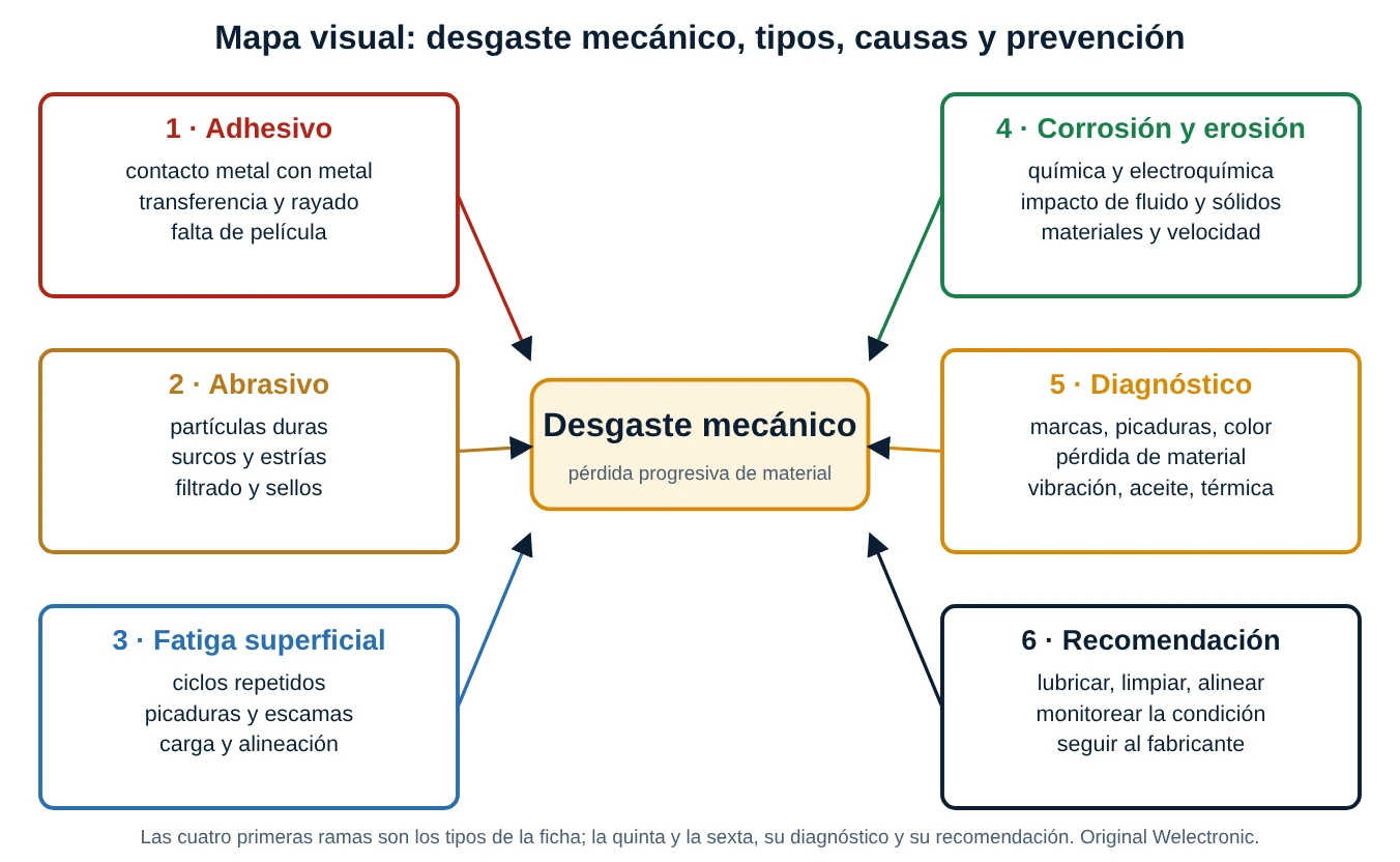 Mapa conceptual del desgaste mecánico con seis ramas: adhesivo, abrasivo, fatiga superficial, corrosión y erosión, diagnóstico y recomendación