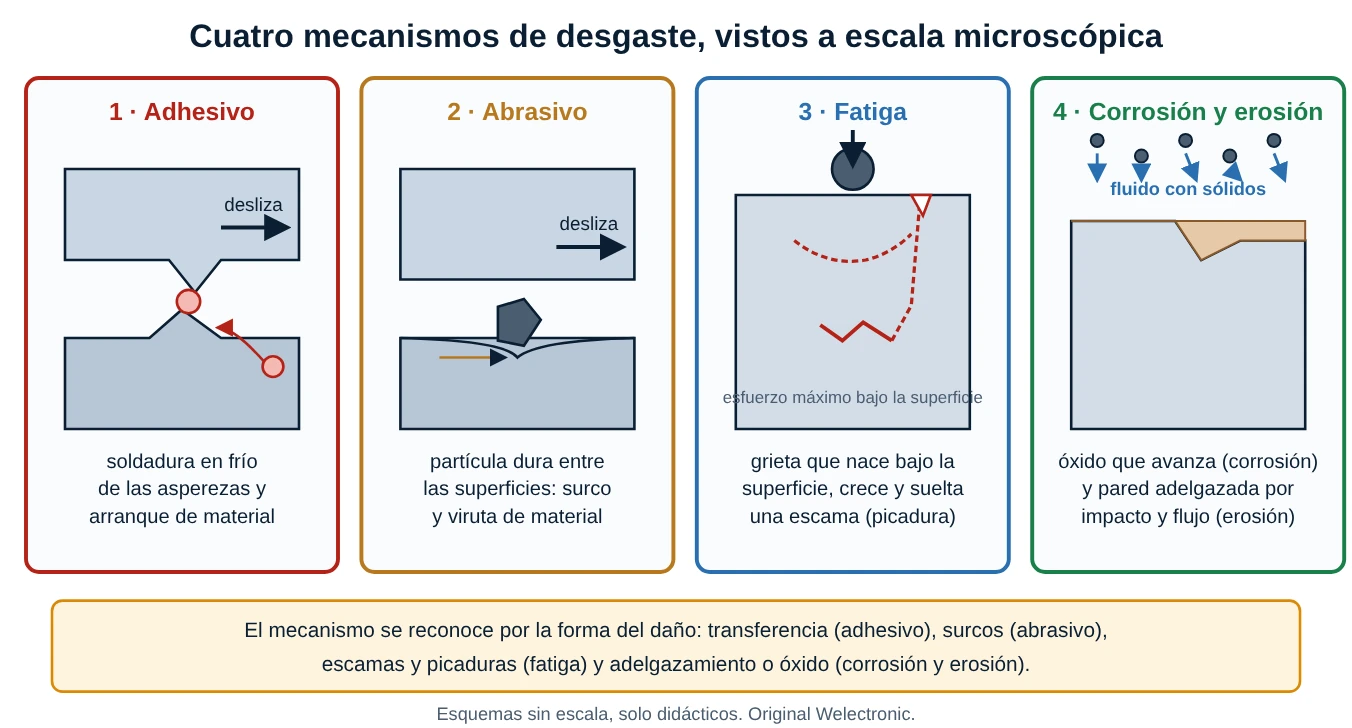 Cuatro esquemas microscópicos: adhesión con transferencia de material, abrasión con una partícula que surca, fatiga con una grieta bajo la superficie y corrosión y erosión con adelgazamiento de la pared