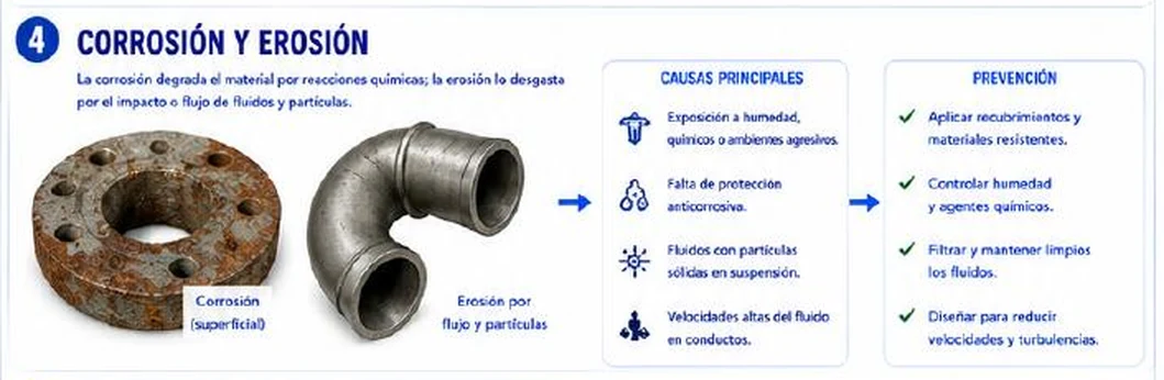 Ficha: corrosión y erosión; la corrosión degrada el material por reacciones químicas y la erosión lo desgasta por el impacto o flujo de fluidos y partículas; brida oxidada y codo de tubería con erosión; causas: exposición a humedad y químicos, falta de protección anticorrosiva, fluidos con partículas sólidas, velocidades altas; prevención: recubrimientos y materiales resistentes, control de humedad y agentes químicos, filtrar fluidos, diseñar para reducir velocidades y turbulencias