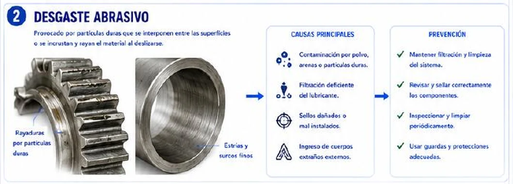 Ficha: desgaste abrasivo; provocado por partículas duras que se interponen entre las superficies o se incrustan y rayan el material; engranaje con rayaduras y camisa con estrías; causas: contaminación por polvo, arenas o partículas duras, filtración deficiente, sellos dañados, ingreso de cuerpos extraños; prevención: filtración y limpieza, sellado, inspección y limpieza periódica, guardas