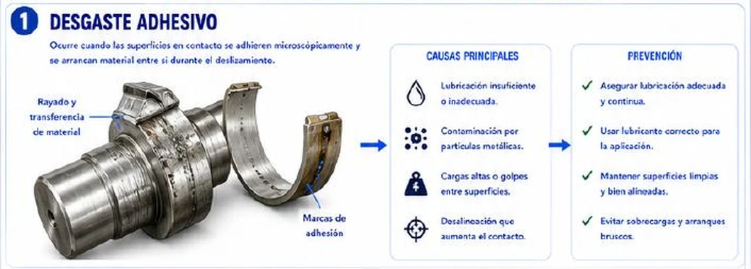 Ficha: desgaste adhesivo; ocurre cuando las superficies en contacto se adhieren microscópicamente y se arrancan material entre sí; un eje y un casquillo con rayado, transferencia de material y marcas de adhesión; causas: lubricación insuficiente, contaminación por partículas metálicas, cargas altas o golpes, desalineación; prevención: lubricación adecuada, lubricante correcto, superficies limpias y alineadas, evitar sobrecargas y arranques bruscos