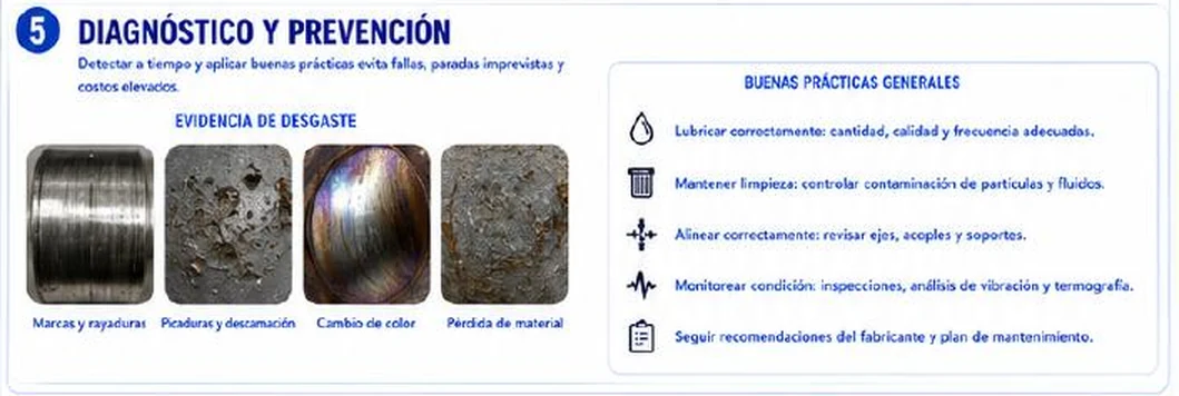 Ficha: diagnóstico y prevención; evidencia de desgaste: marcas y rayaduras, picaduras y descamación, cambio de color, pérdida de material; buenas prácticas generales: lubricar correctamente, mantener limpieza, alinear correctamente, monitorear condición con inspecciones, análisis de vibración y termografía, seguir recomendaciones del fabricante