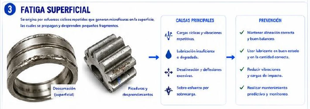 Ficha: fatiga superficial; se origina por esfuerzos cíclicos repetidos que generan microfisuras y desprenden pequeños fragmentos; anillo con descamación y engranaje con picaduras y desprendimientos; causas: cargas cíclicas y vibraciones, lubricación insuficiente o degradada, desalineación y deflexiones, sobre-esfuerzo; prevención: alineación y balance, lubricante en buen estado, reducir vibraciones y cargas de impacto, mantenimiento predictivo