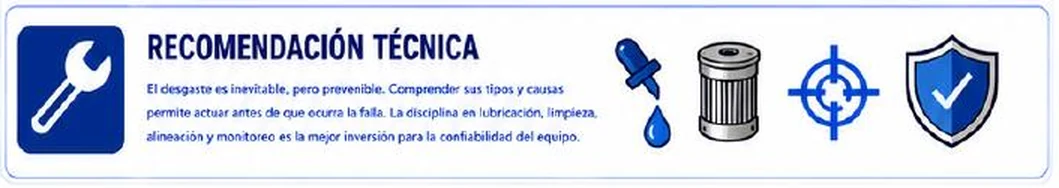 Recomendación técnica: el desgaste es inevitable, pero prevenible; comprender sus tipos y causas permite actuar antes de que ocurra la falla; la disciplina en lubricación, limpieza, alineación y monitoreo es la mejor inversión para la confiabilidad del equipo