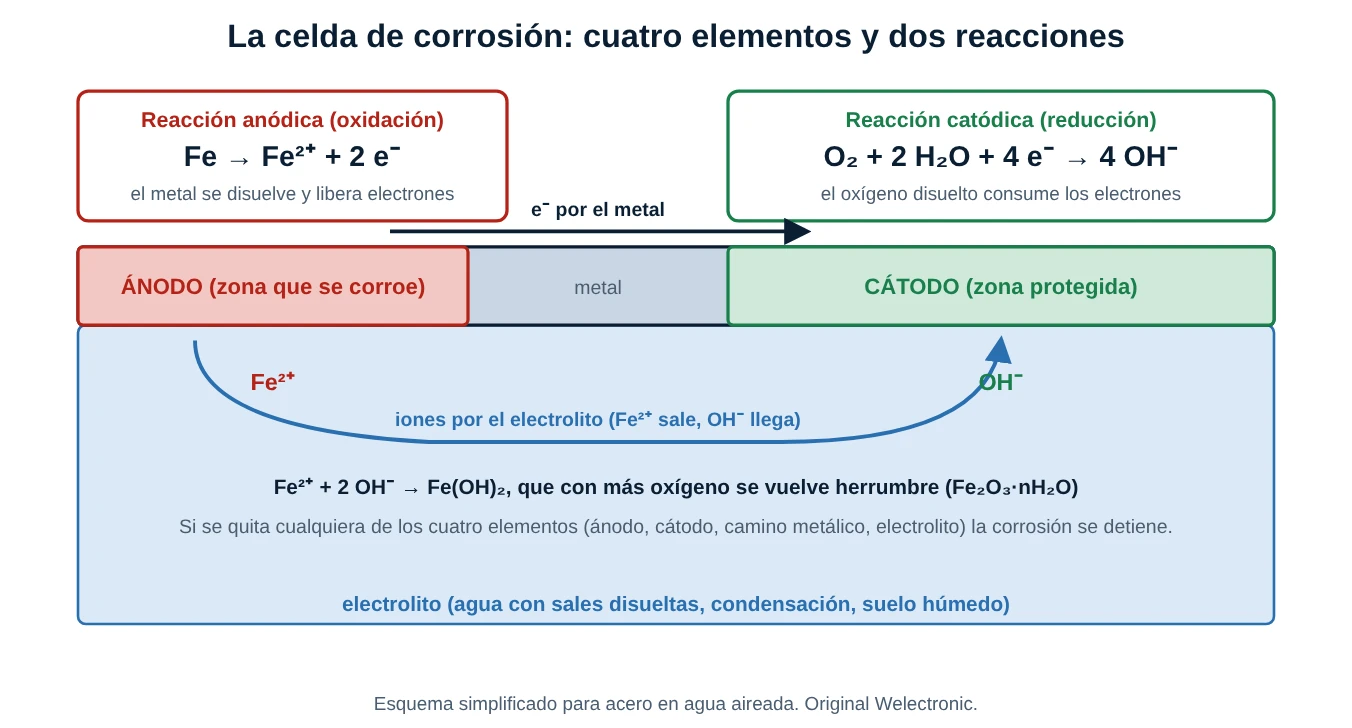 Esquema de la celda de corrosión con ánodo donde el hierro se oxida, cátodo donde se reduce el oxígeno, electrolito y camino metálico para los electrones