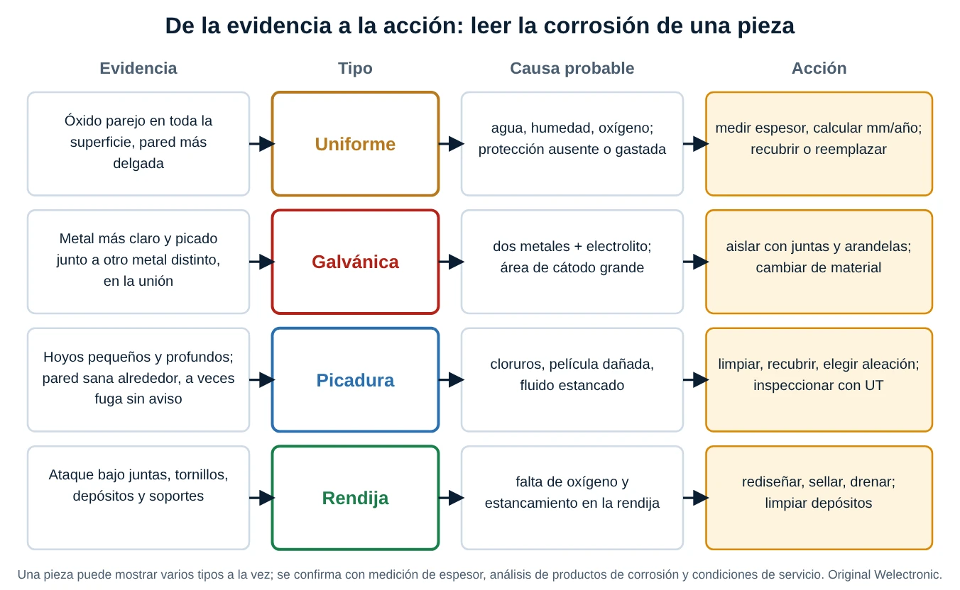 Tabla de cuatro filas que relaciona la evidencia observada con el tipo de corrosión, la causa probable y la acción