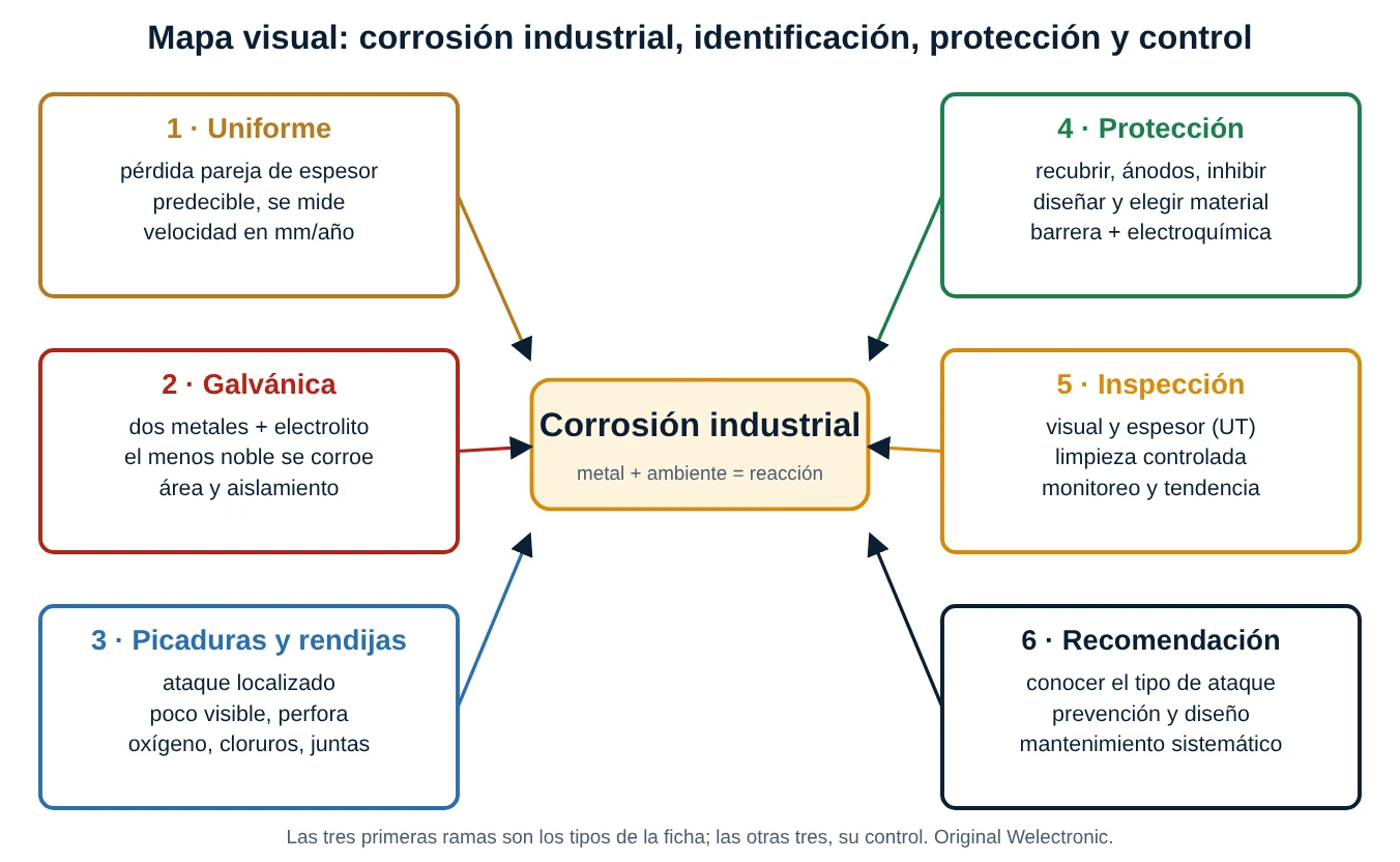 Mapa conceptual de la corrosión industrial con seis ramas: uniforme, galvánica, picaduras y rendijas, protección, inspección y recomendación