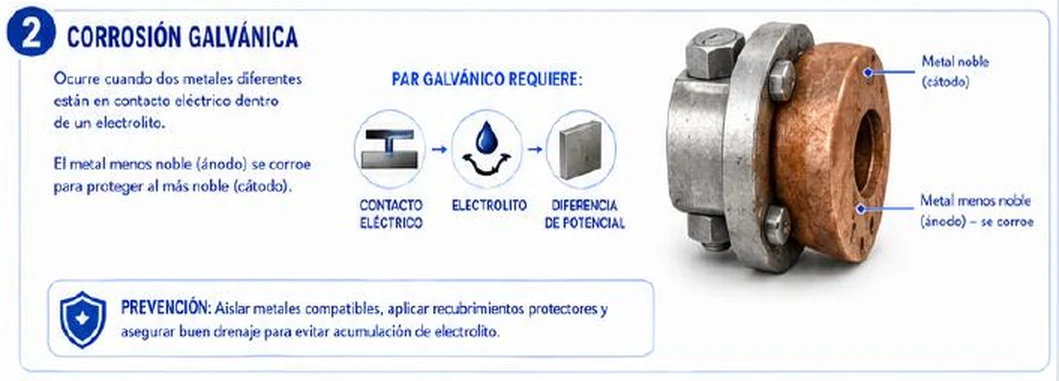 Ficha: corrosión galvánica; ocurre cuando dos metales diferentes están en contacto eléctrico dentro de un electrolito; el metal menos noble (ánodo) se corroe para proteger al más noble (cátodo); un par galvánico requiere contacto eléctrico, electrolito y diferencia de potencial; una brida de dos metales con las etiquetas metal noble (cátodo) y metal menos noble (ánodo) se corroe; prevención: aislar metales compatibles, aplicar recubrimientos protectores y asegurar buen drenaje para evitar acumulación de electrolito