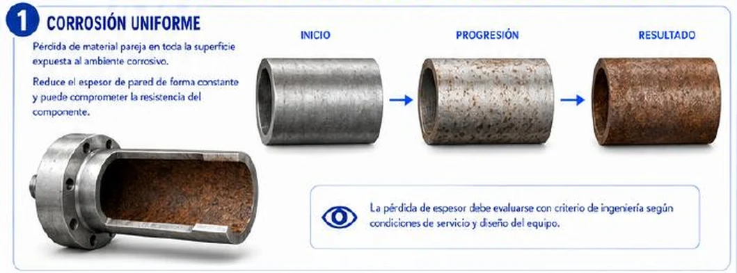 Ficha: corrosión uniforme; pérdida de material pareja en toda la superficie expuesta al ambiente corrosivo; reduce el espesor de pared de forma constante y puede comprometer la resistencia del componente; secuencia de un tubo en inicio, progresión y resultado, y una brida cortada con óxido interior; la pérdida de espesor debe evaluarse con criterio de ingeniería según condiciones de servicio y diseño del equipo