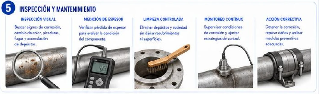 Ficha: inspección y mantenimiento; inspección visual para buscar signos de corrosión, cambio de color, picaduras, fugas y acumulación de depósitos; medición de espesor para verificar pérdida de espesor del componente; limpieza controlada para eliminar depósitos y suciedad sin dañar recubrimientos ni superficies; monitoreo continuo para supervisar condiciones de corrosión y ajustar estrategias de control; acción correctiva para detener la corrosión, reparar daños y aplicar medidas preventivas adecuadas